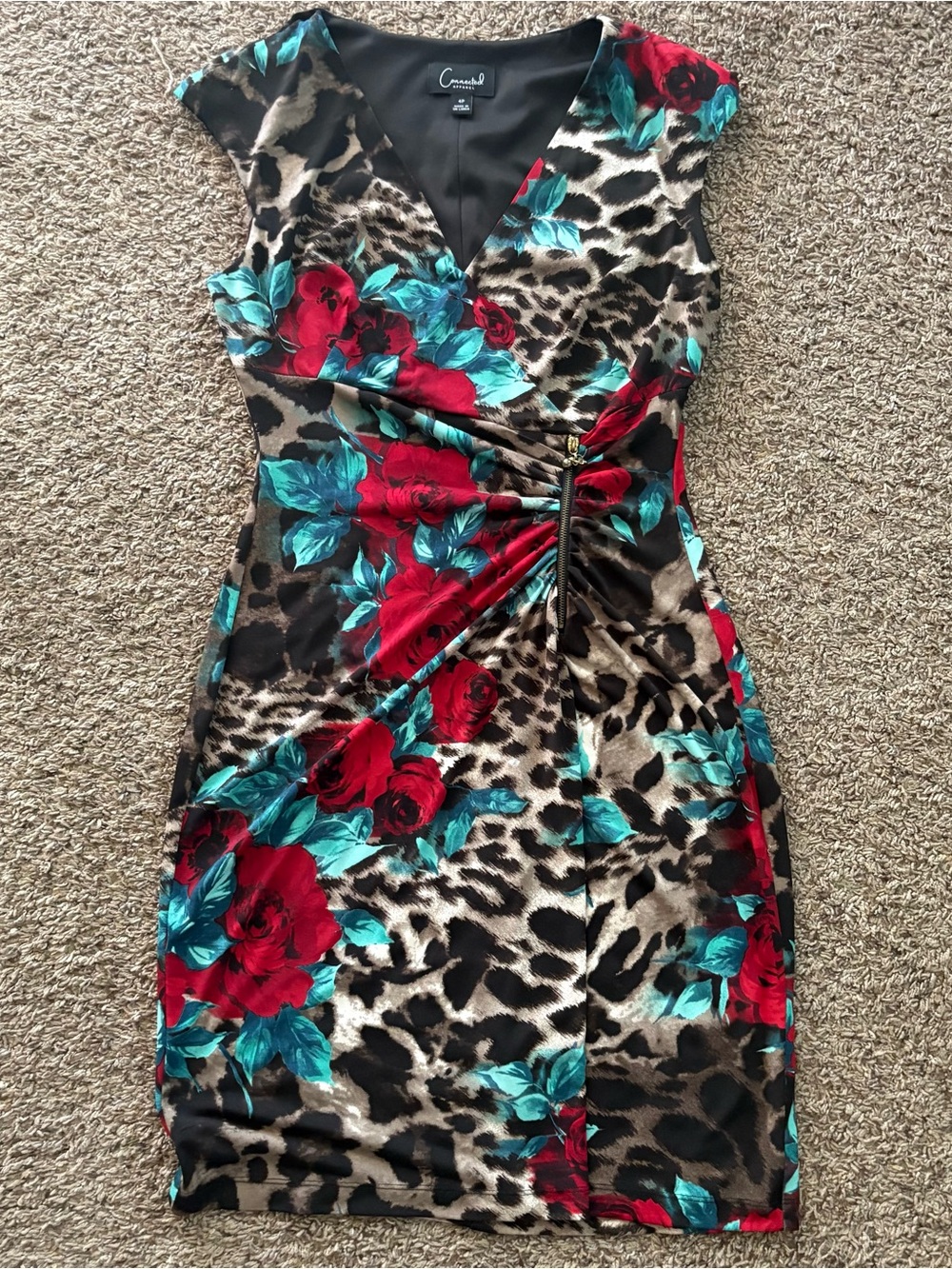 connected apparel Red & Teal Floral Leopard Wrap Dress